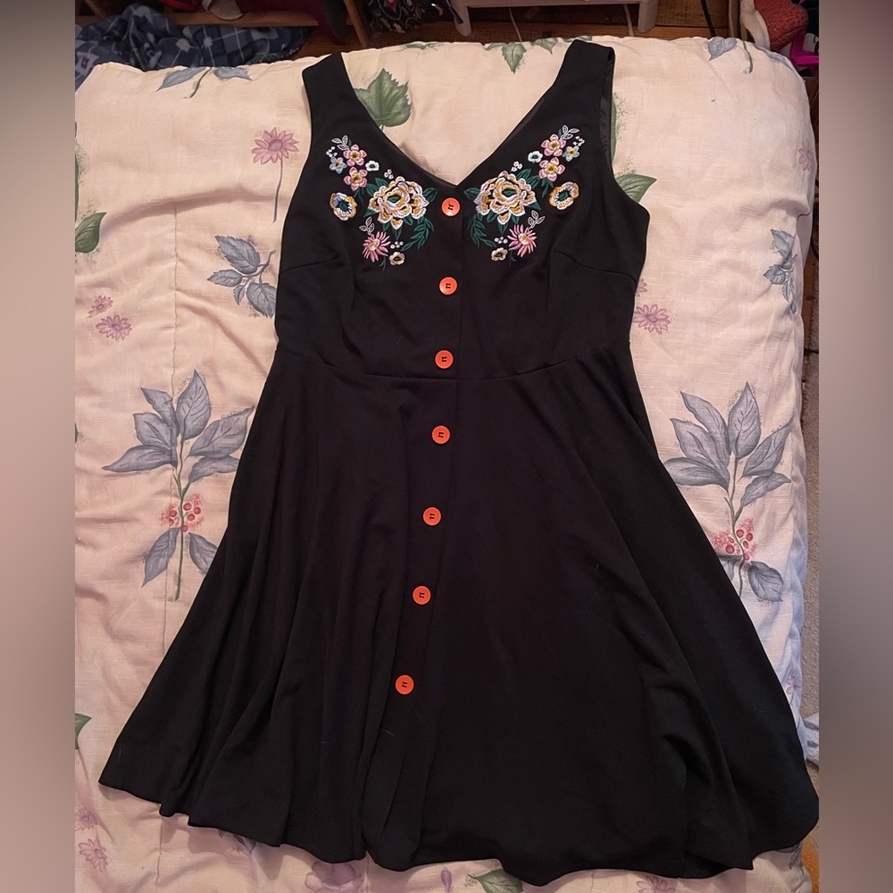Embroidered Floral Dress with Orange Front Buttons